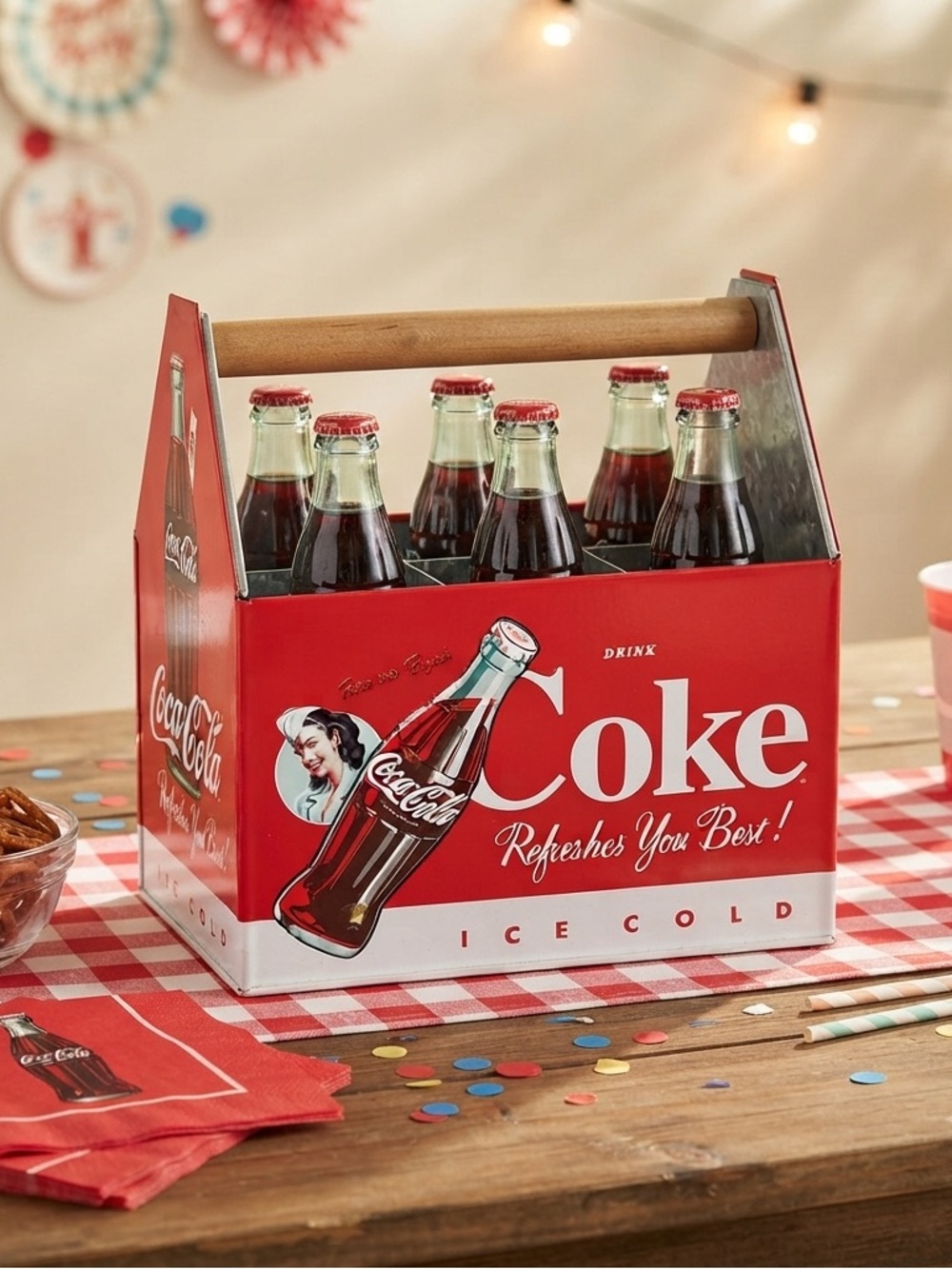 Red Metal Coke Party Caddy(napkin/silverware or small coke bottles)